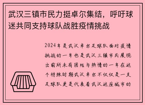 武汉三镇市民力挺卓尔集结，呼吁球迷共同支持球队战胜疫情挑战